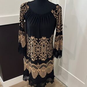 White Mark Black Dress with Tan Baroque Print and Lace Trim